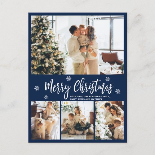 Minimalist Navy White 4 Photo Collage Christmas Postcard