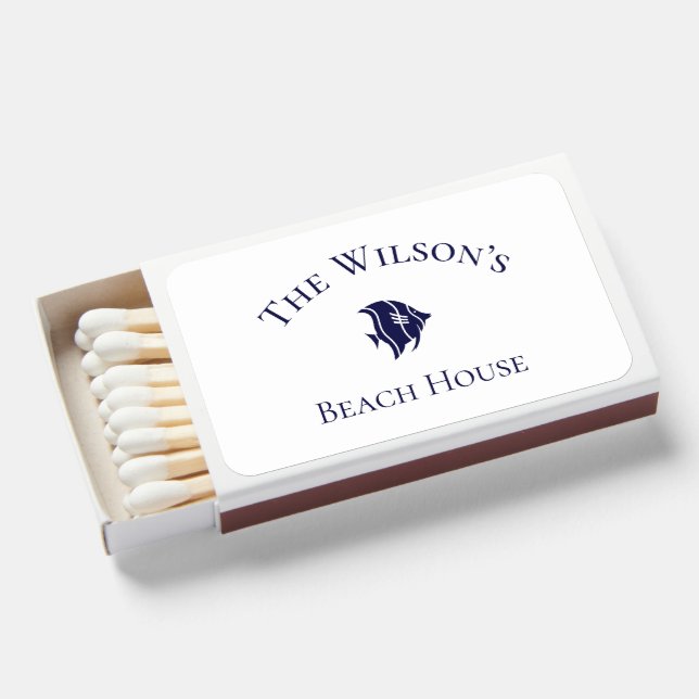 Minimalist Navy White Nautical Fish Favor Matchboxes (Front Open)