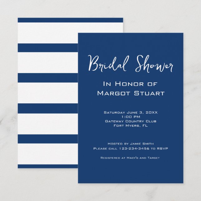 Minimalist Navy White Script Striped Bridal Shower Invitation (Front/Back)