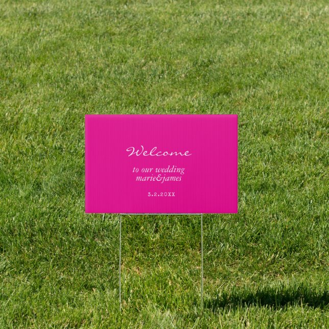 Minimalist Neon pink Wedding Welcome Yard Sign (Insitu)