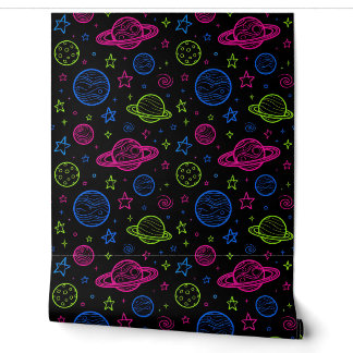 Minimalist Neon Space & Planets Night Sky Pattern Wallpaper