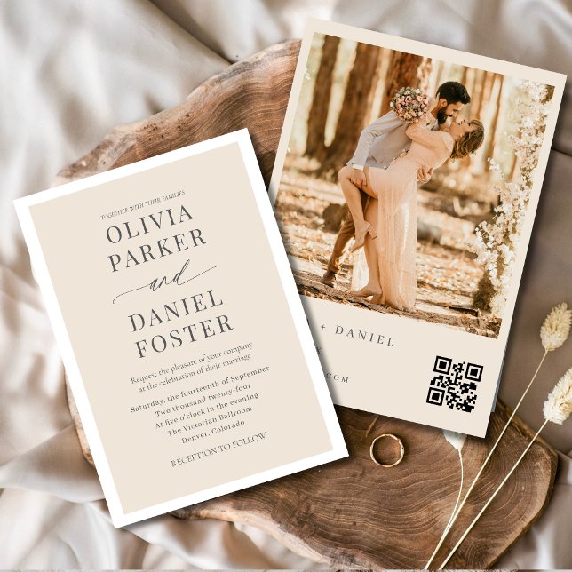 Minimalist Neutral Beige QR Code Photo Wedding Invitation (Creator Uploaded)