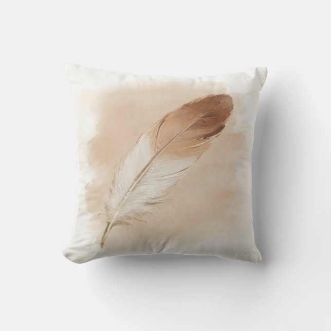 Minimalist Neutral Brown Paint Stroke Single Feath Throw Pillow (Front)