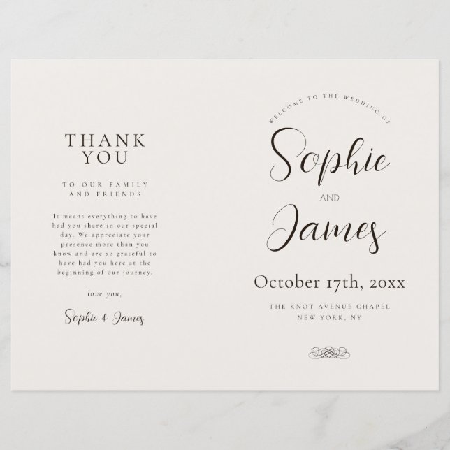 Minimalist Neutral Folded Church Wedding Program (Front)