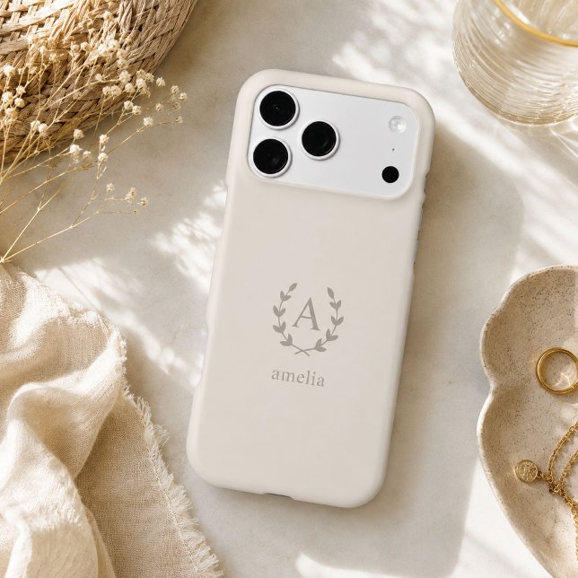 Minimalist Neutral Initial Name Laurel Monogram Case-Mate iPhone Case (Elegant personalized ivory phone case with a minimalist laurel wreath monogram)