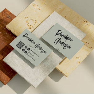 Minimalist Neutral Pistachio Boho QR Code Modern Business Card