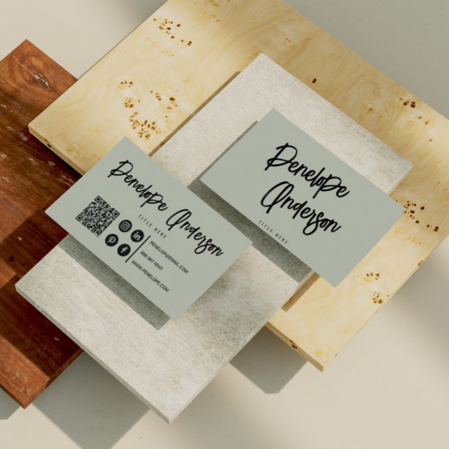 Minimalist Neutral Pistachio Boho QR Code Modern Business Card (Creator Uploaded)