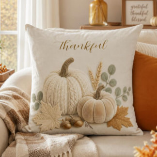 Minimalist Neutral Plush Pumpkins Fall Throw Pillow