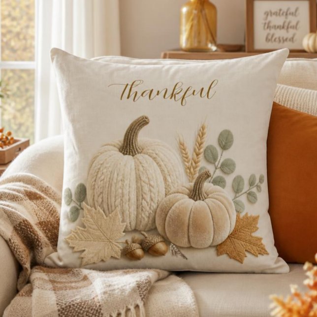 Minimalist Neutral Plush Pumpkins Fall Throw Pillow (Creator Uploaded)