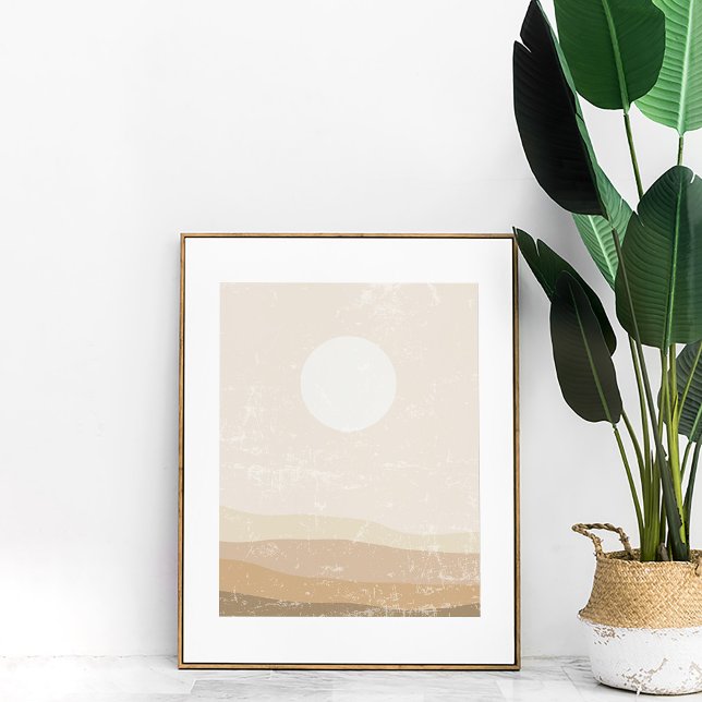 Minimalist Neutral Sunset Landscape Wall Art Print (Boho Minimalist Neutral Sunset Wall Art in a copper frame next to a large plant.)