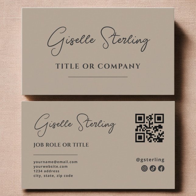 Minimalist Neutral Taupe Company Script QR Code Business Card (Creator Uploaded)