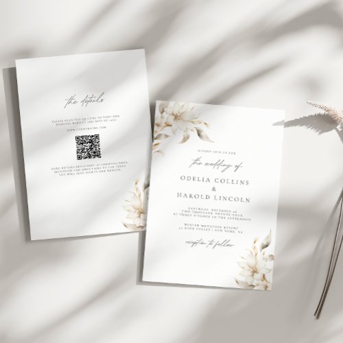 Minimalist Neutral Wedding QR Code White Floral Invitation
