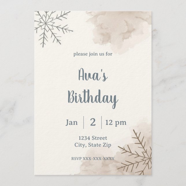 Minimalist Neutral Winter Birthday Invitation (Front)
