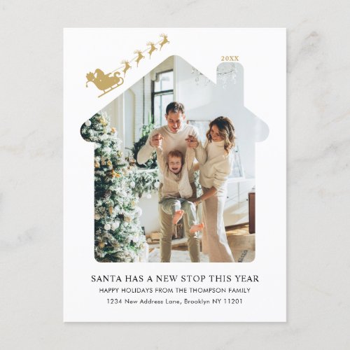 Minimalist New Home Photo Gold Santa Sleigh Moving Holiday Postcard