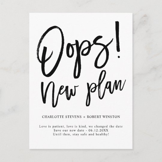Minimalist new plan wedding change the date announcement postcard
