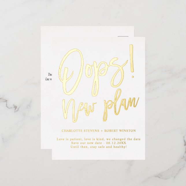 Minimalist new plan wedding change the date  foil invitation postcard (Front/Back)