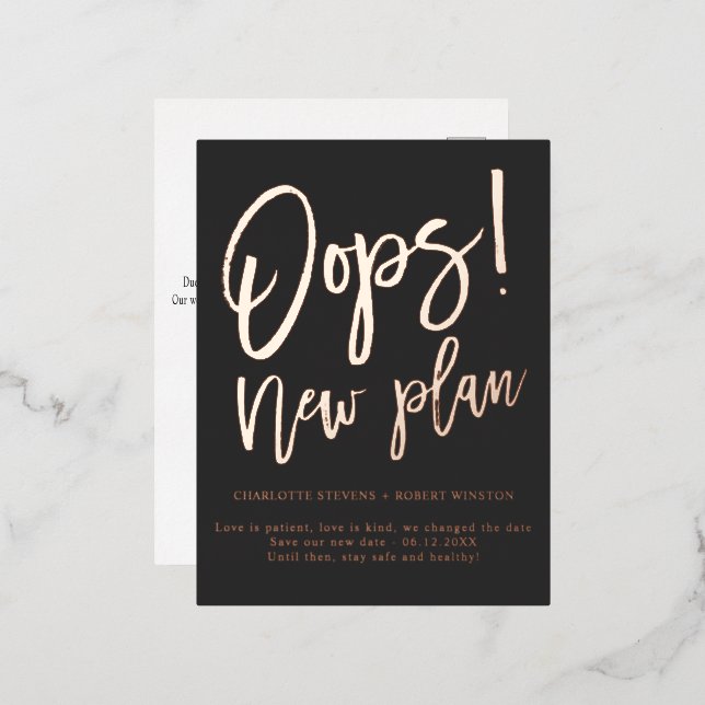 Minimalist new plan wedding change the date gray foil invitation postcard (Front/Back)