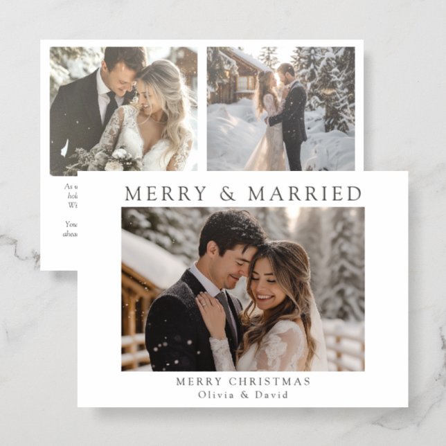 Minimalist Newlywed Christmas Merry and Married Letterpress Photo Cards (Front/Back)