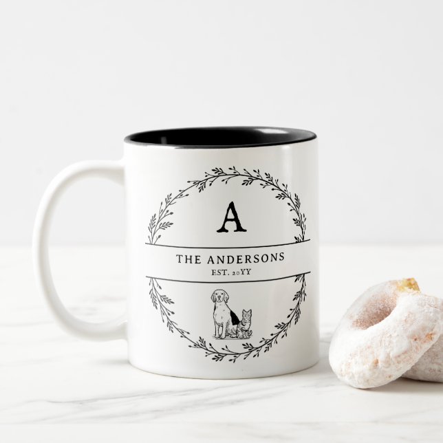 Minimalist Newlywed Couple Gift Monogram Initials Two-Tone Coffee Mug (With Donut)