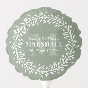 Minimalist Newlywed Couple Green Wreath Monogram Balloon