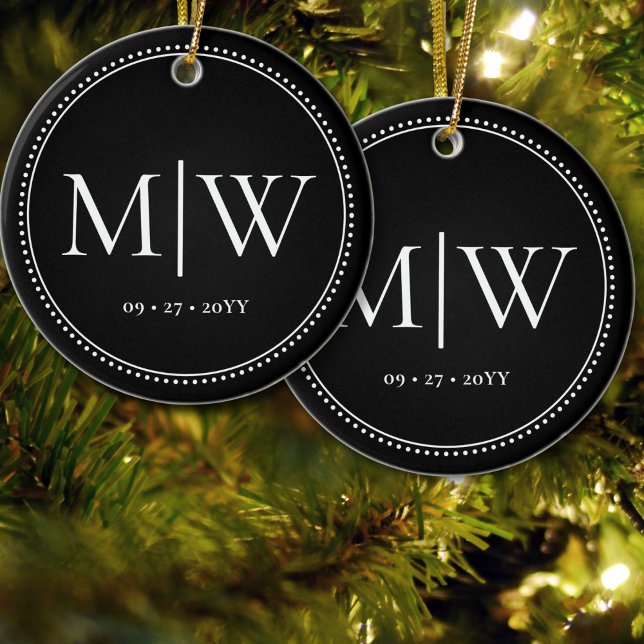 Minimalist Newlyweds Monogram Black Holiday Ceramic Ornament (Creator Uploaded)