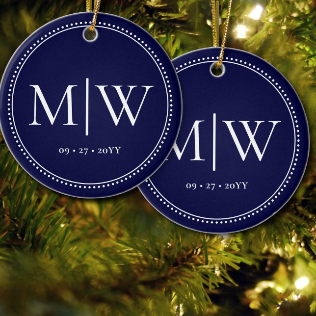 Minimalist Newlyweds Monogram Blue Holiday Ceramic Ornament (Creator Uploaded)