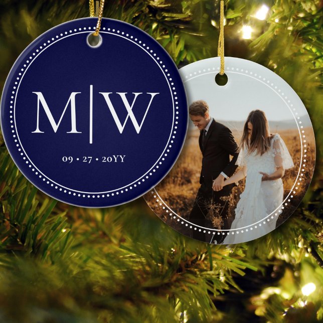 Minimalist Newlyweds Monogram Photo Blue Holiday Ceramic Ornament (Creator Uploaded)