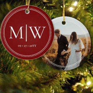 Minimalist Newlyweds Monogram Photo Red Holiday Ceramic Ornament