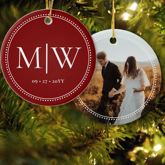 Minimalist Newlyweds Monogram Photo Red Holiday Ceramic Ornament (Creator Uploaded)