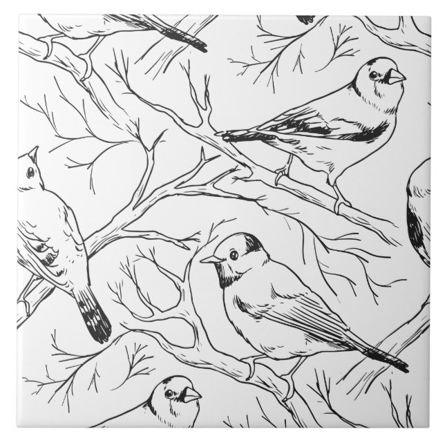 Minimalist North American Birds Line Art Pattern Ceramic Tile (Front)