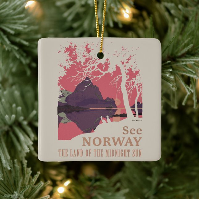 Minimalist Norway Sunset Poster - Mountain Fjord Ceramic Ornament (Tree)