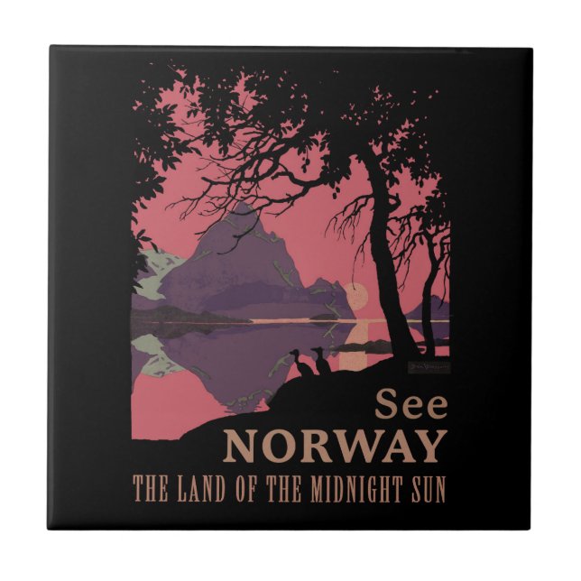 Minimalist Norway Sunset Poster - Mountain Fjord Ceramic Tile (Front)