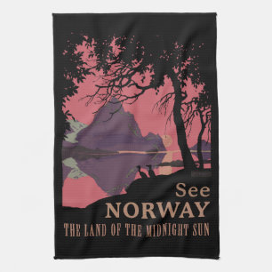 Minimalist Norway Sunset Poster - Mountain Fjord Kitchen Towel