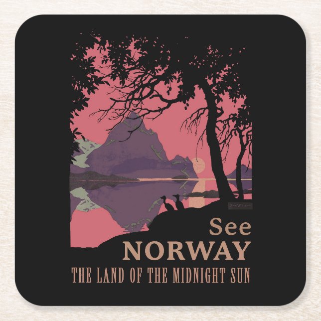 Minimalist Norway Sunset Poster - Mountain Fjord Square Paper Coaster (Front)
