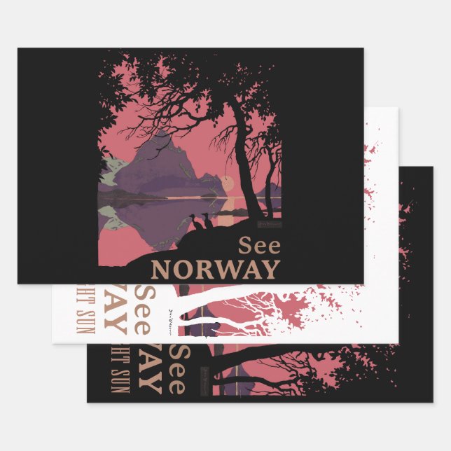 Minimalist Norway Sunset Poster - Mountain Fjord Wrapping Paper Sheets (Set)