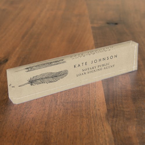 Minimalist Notary Signing Agent Feather Kraft Logo Desk Name Plate