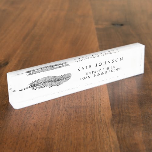 Minimalist Notary Signing Agent Feather Quill Logo Desk Name Plate