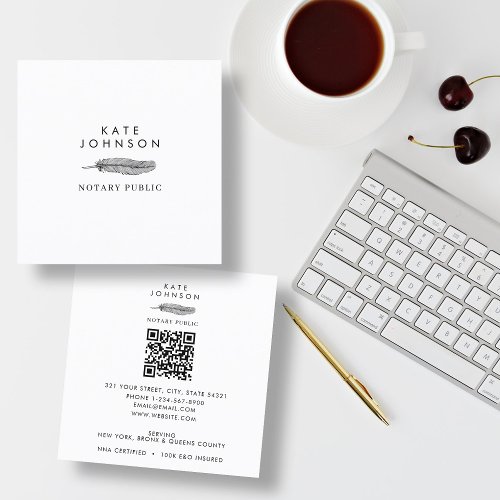 Minimalist Notary Signing Agent Feather Quill Logo Square Business Card