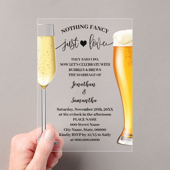 Minimalist Nothing Fancy Just Love Bubbles & Brew Acrylic Invitations (Insitu (Handheld))