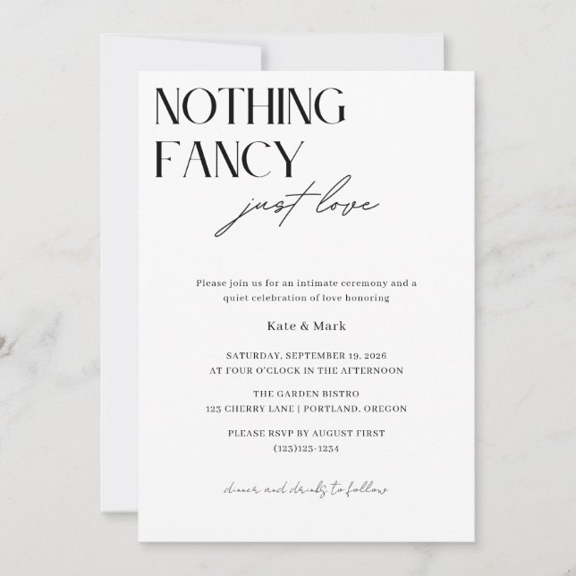 Minimalist Nothing Fancy Just Love Micro Wedding Invitation (Front)