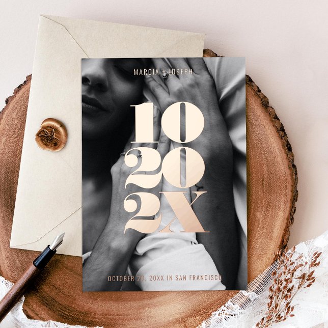 Minimalist Numeric Date Save the Date  Rose Gold Foil Invitation (Creator Uploaded)