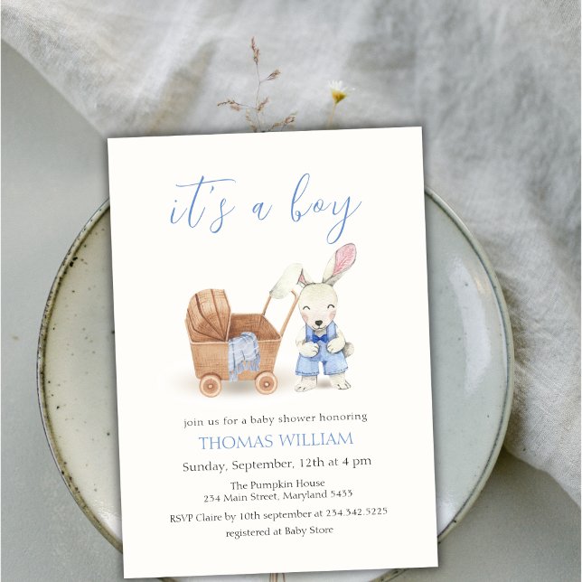 Minimalist Nursery Stroller Rabbit Boy Baby Shower Invitation (Minimalist Nursery Stroller Rabbit Boy Baby Shower Invitation)