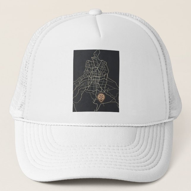 Minimalist NYC Soccer Map Pin Line Art Trucker Hat (Front)