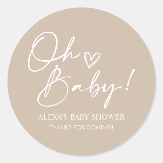 Minimalist Oh Baby Shower Beige Favor Stickers (Front)