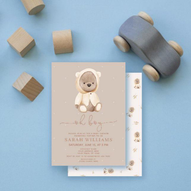 Minimalist Oh Boy Brown Bear Baby Shower Invitation (Creator Uploaded)