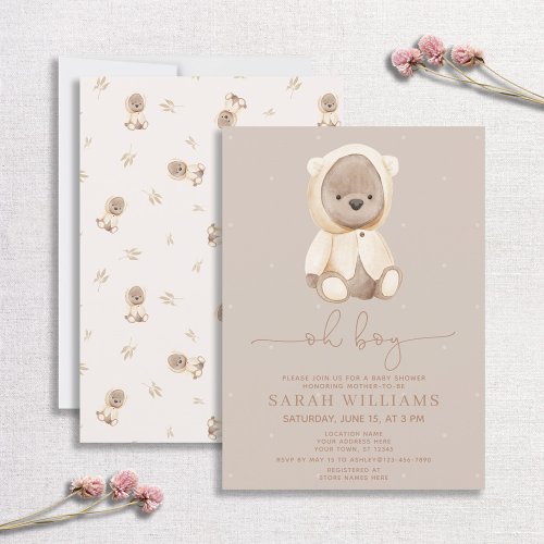 Minimalist Oh Boy Brown Bear Baby Shower Invitation