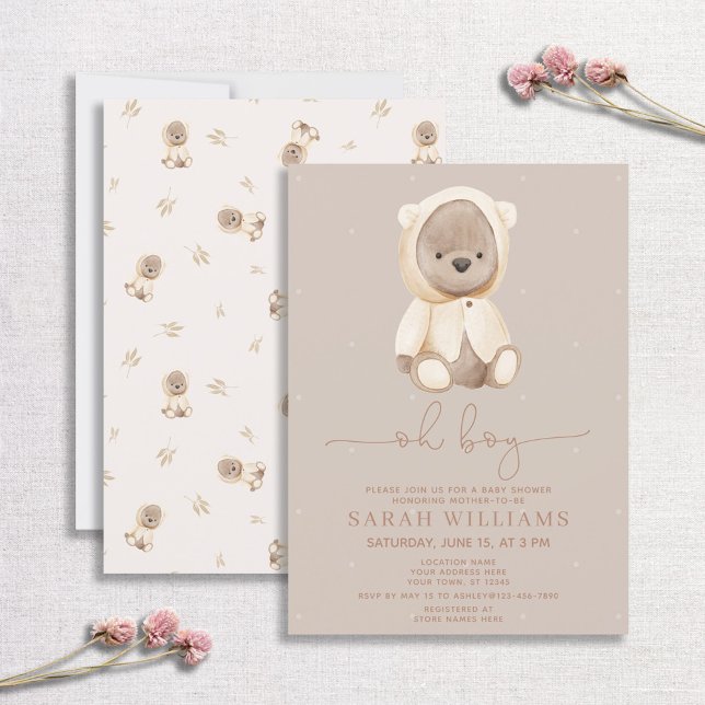 Minimalist Oh Boy Brown Bear Baby Shower Invitation (Creator Uploaded)