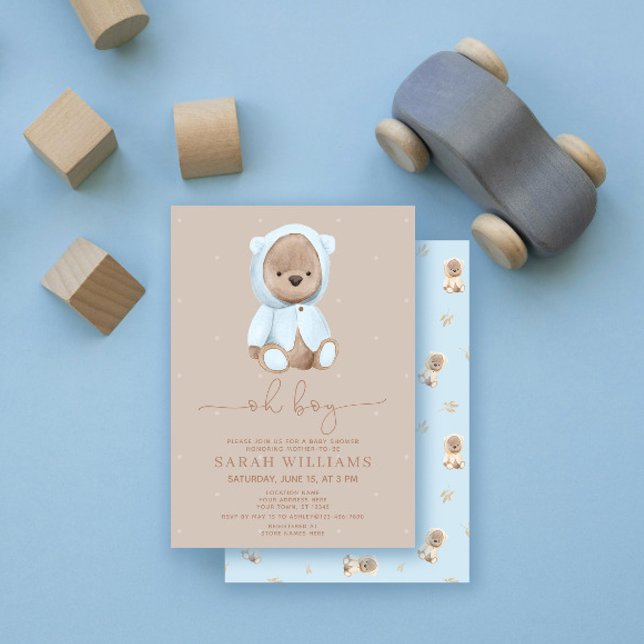 Minimalist Oh Boy Dusty Blue Bear Baby Shower Invitation (Creator Uploaded)