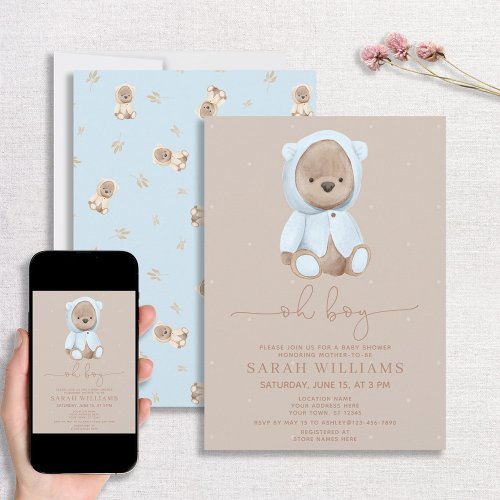 Minimalist Oh Boy Dusty Blue Bear Baby Shower Invitation