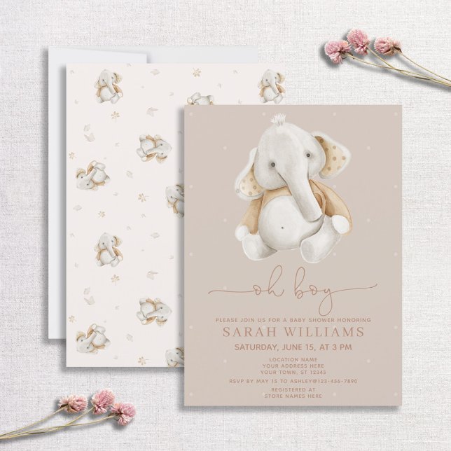 Minimalist Oh Boy Elephant Brown Baby Shower Invitation (Creator Uploaded)